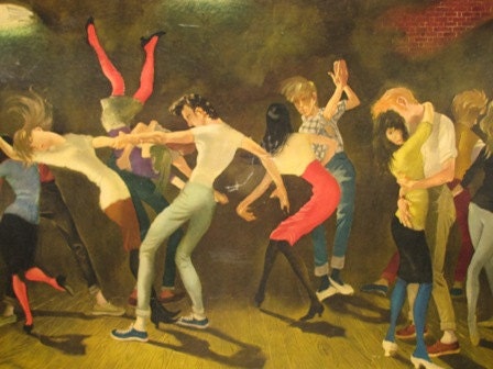 Rockabilly Teenagers 1950's vintage Framed Art Print Signed Doris Zinkeisen, retro 50's Teenage Dancers, Rock & Roll Happy Days 16f