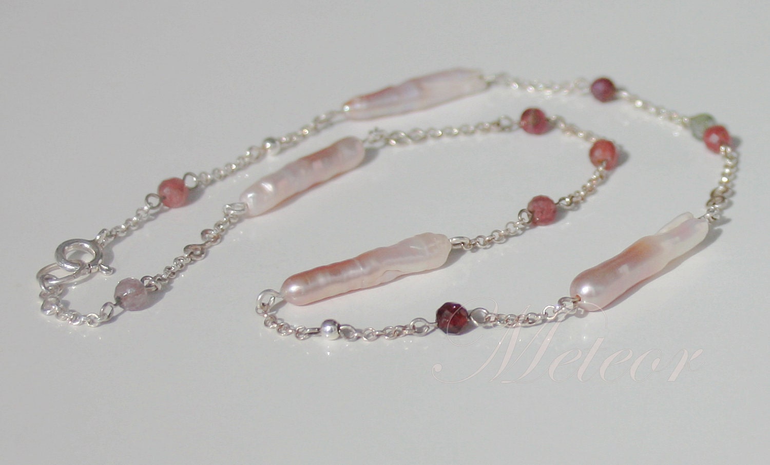 Faceted Tourmaline, Keshi Pearl (mother of pearl), sterling silver necklace - one of a kind -handmade- 15inch(38cm.)long