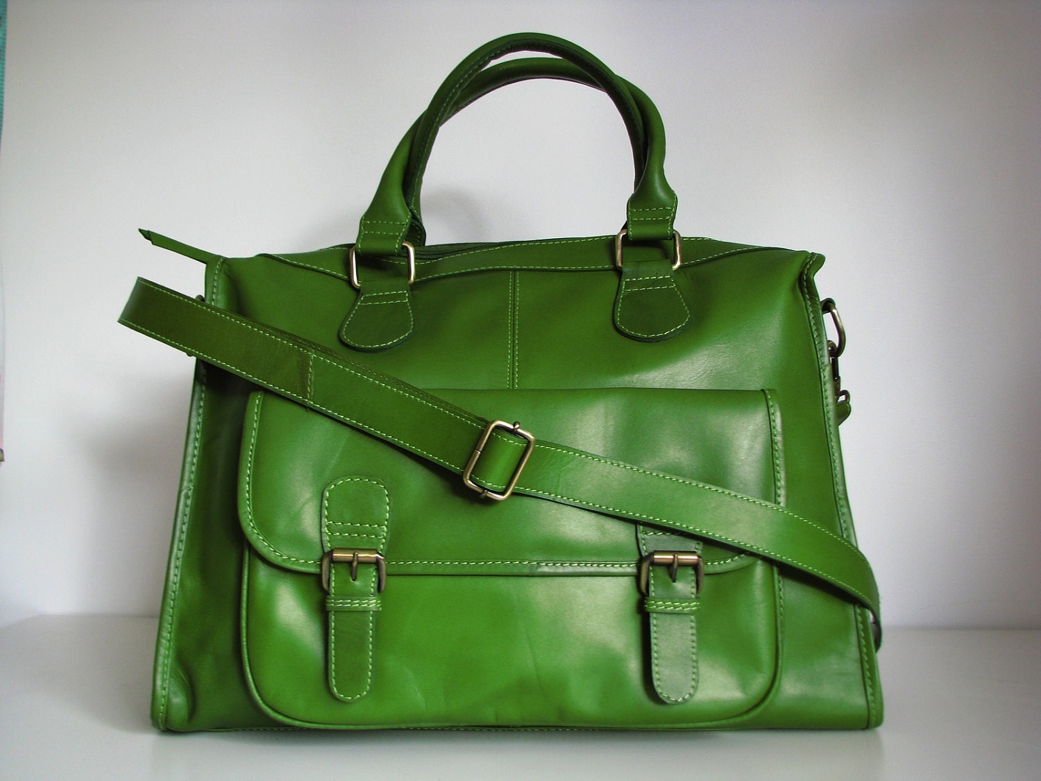 Green Leather Large Holdall Weekend Travel Bag