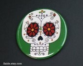 Green Sugar Skull Day of the Dead Art Button Pin