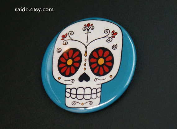 Blue Sugar Skull Day of the Dead Art Button Pin