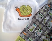Boy's Outfit Michael Miller Backyard Baby with Personalized Snail Applique for Baby and Toddler Custom Boutique