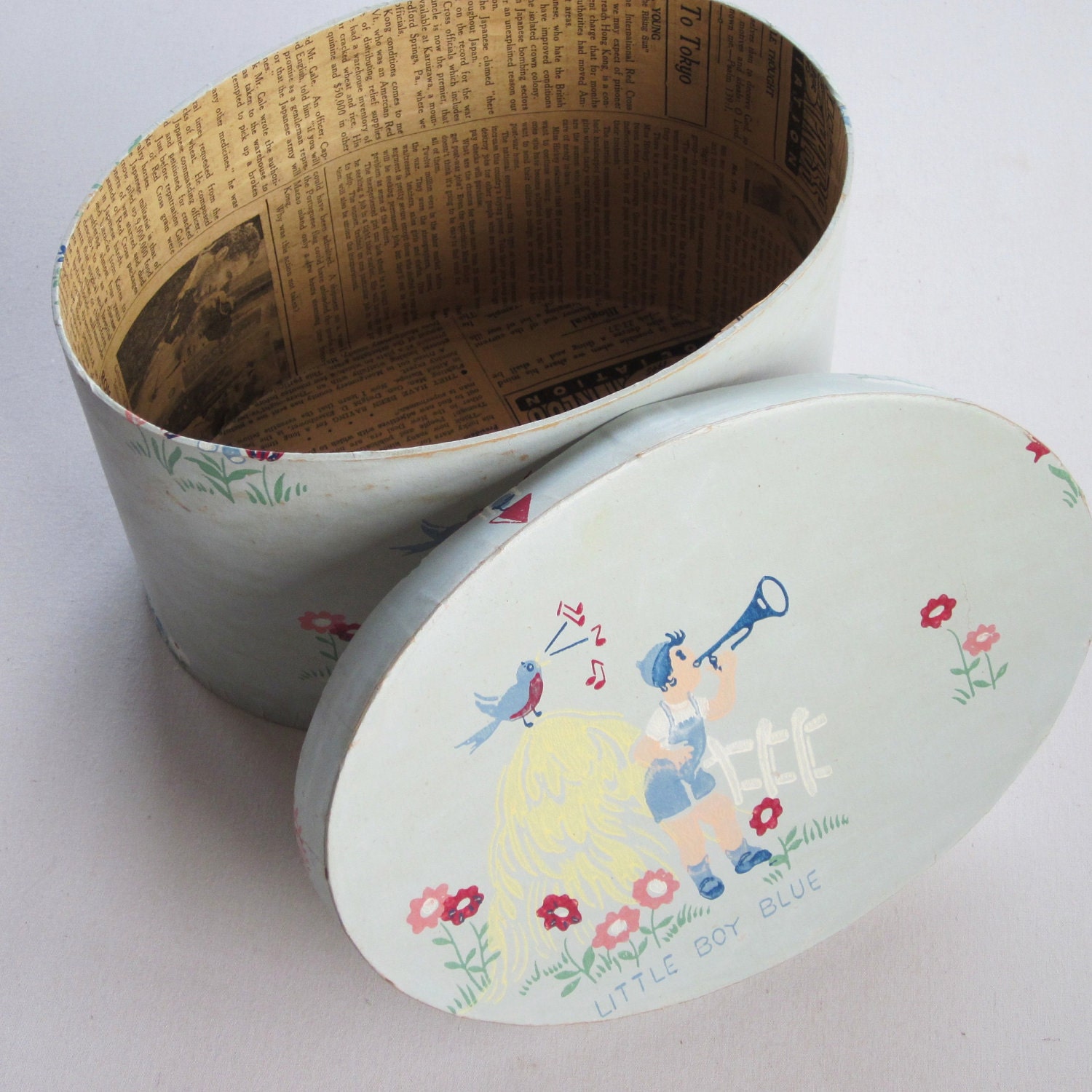 Vintage Blue Wallpaper Hat Box, Little Boy Blue Nursery Rhyme