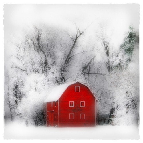 Country winter, 4x4 inches, Original, Signed, Fine Art photograph, Winter barn, red barn, gift under 20, winter landscape - dahliahousestudios
