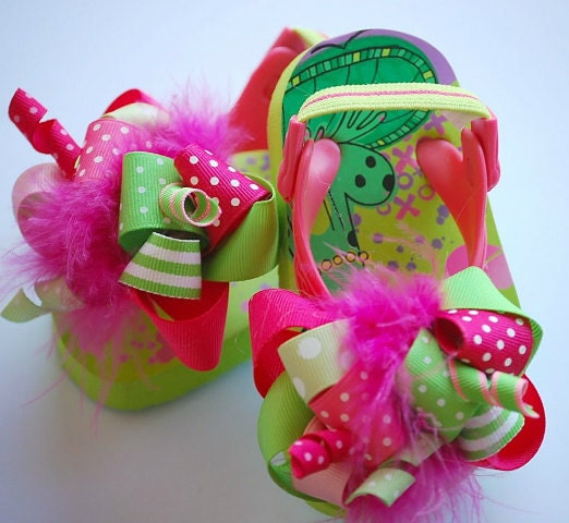 boutique SHOCKING pink and LIME green FUNKY fun flip flop bow sandals