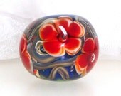 Handmade Lampwork Bead Red Scarlet Maraschino Cherry Blue Denim Floral Flowers Silvered Green Vines Artisan Glass Focal SRA -- High Plains