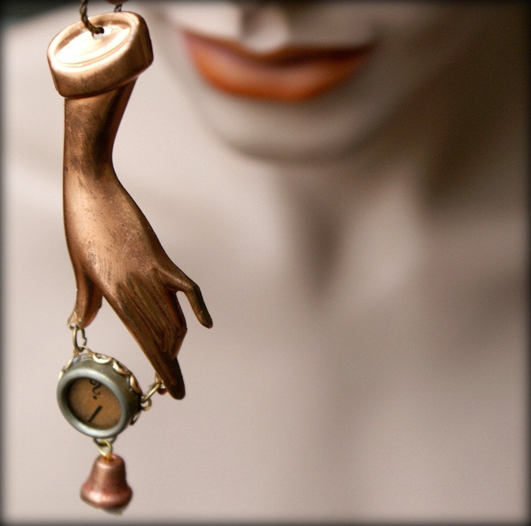 Personalized Pendant - Victorian Hand  -  Tiny Pearl Bell - Vintage Typewriter Key