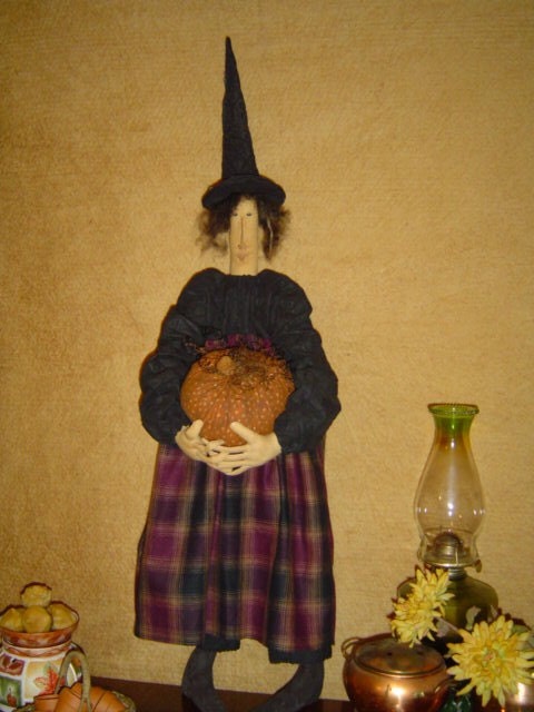 epattern or mailed Primitive Doll pattern Halloween Folk Art Witch with Pumpkin by Raggedyrhondas Originals MHA