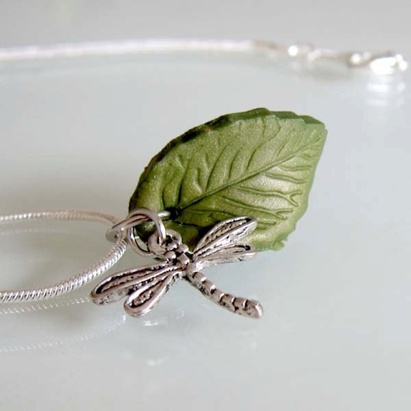 Dragonfly Leaf Necklace - Polymer Clay
