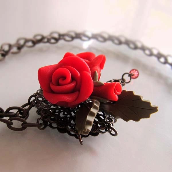 Red Rose Filigree Necklace - Polymer Clay