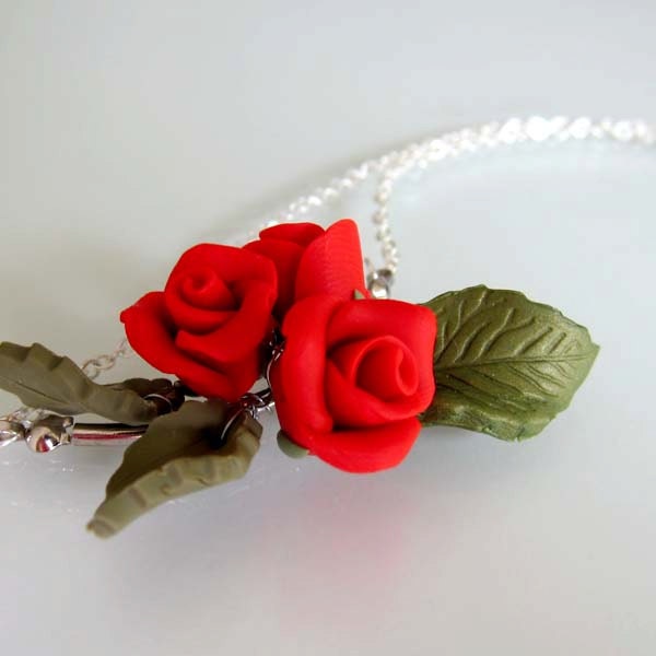Red Rose Necklace - Polymer Clay