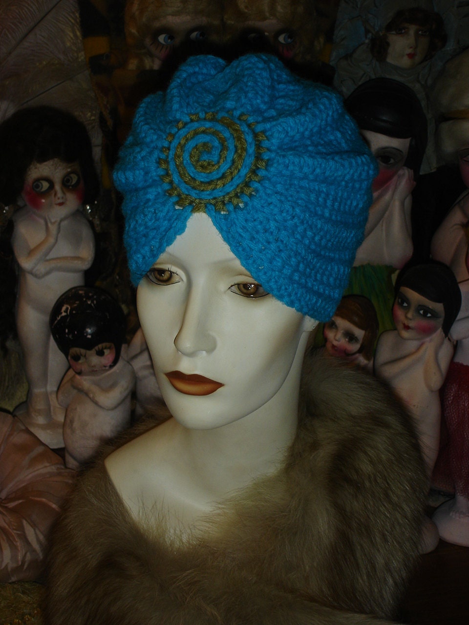 Turquoise and Celery Chenille Flapper Swami Turban hat