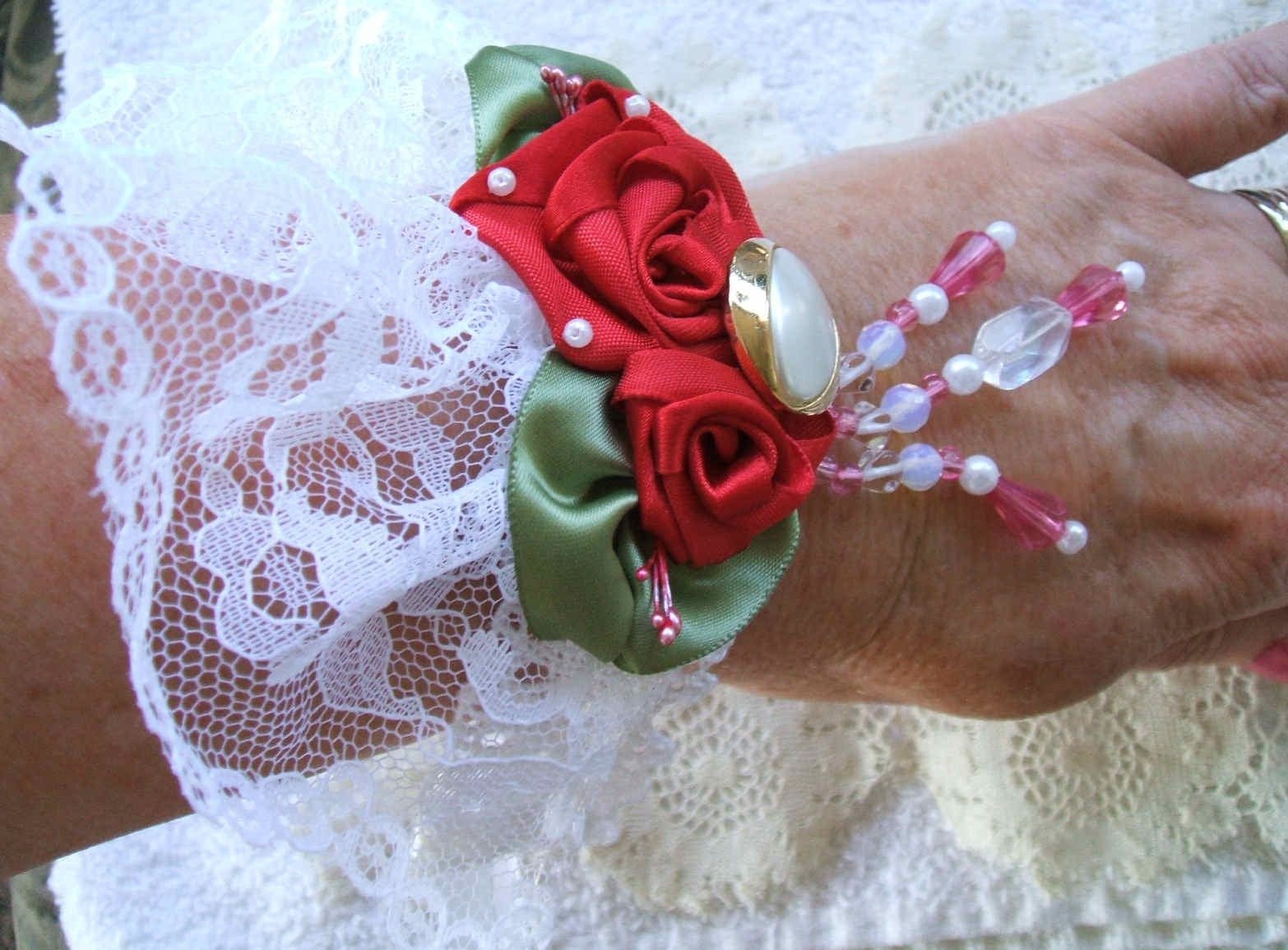 Victorian Ribbon Rose Wrist Corage or Bracelet Red