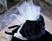 Hair Band/Headband Victorian Ribbon Rose Elegant Black Rose w White Leafs & Pearl Tulle