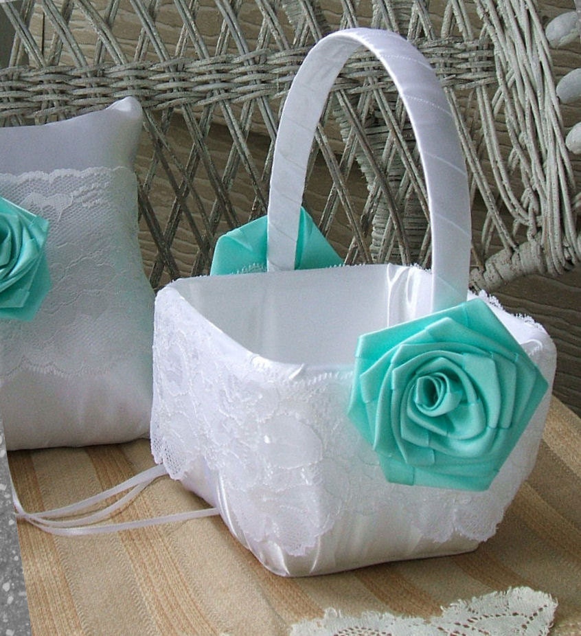Beach Wedding Flower Girl Basket Square Handmade "ROSE IN AQUA" Flowergirl in  White or  Ivory