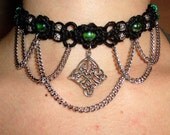 Black Druidess Choker with Green Pearled Glass Beads and Celtic Knotwork Pendant - Hemp Jewelry