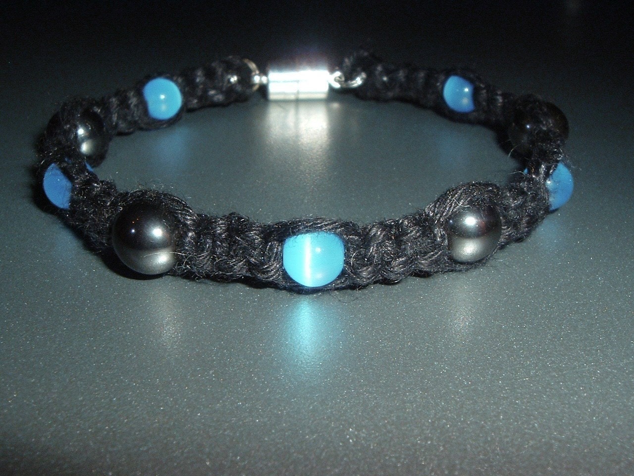 Magnetic Cat's Eye and Hematite Black Gemstone Hemp Bracelet - pick from colors sky blue green pink and purple - Hemp Jewelry