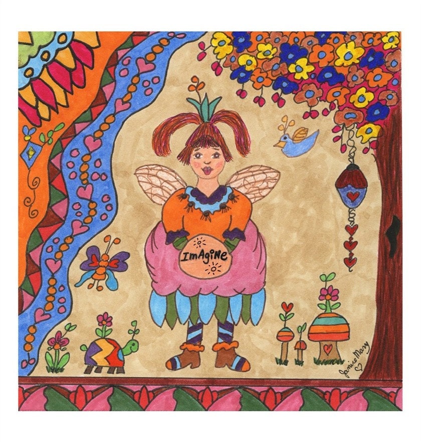 Fairy Art Print Folk Whimsical Imagine, Magic, Enchanted, Fairytale, Turtle, Vibrant Colors, Bird House, Butterfly, Pixie, Fantasy, Flowers