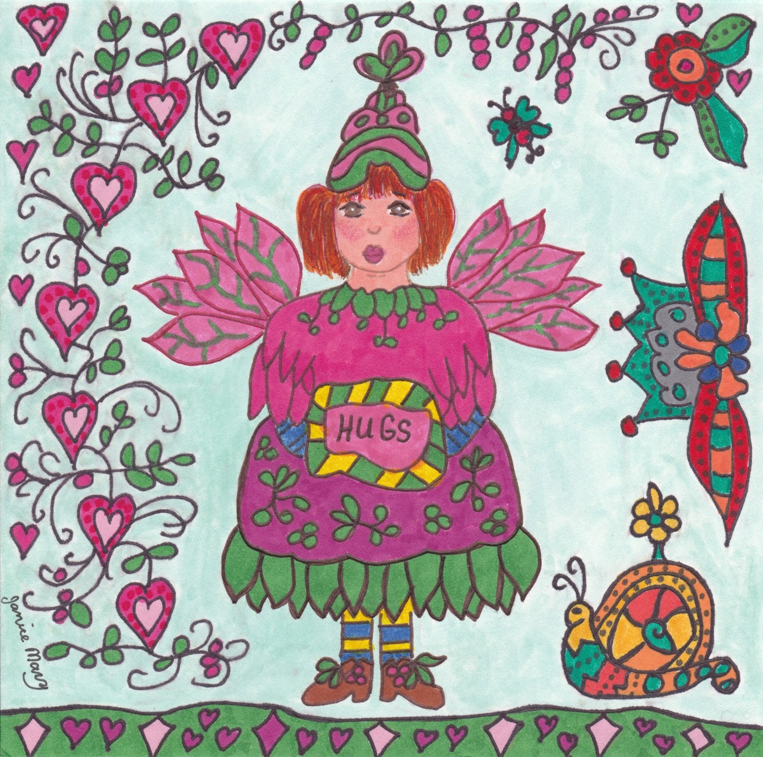 Fairy Print Folk Art Whimsical HUGS, Enchanted, Fantasy, Magic, Folkart, Fairytale, Snail, Vibrant, Colorful, Pixie, Flowers, Butterfly
