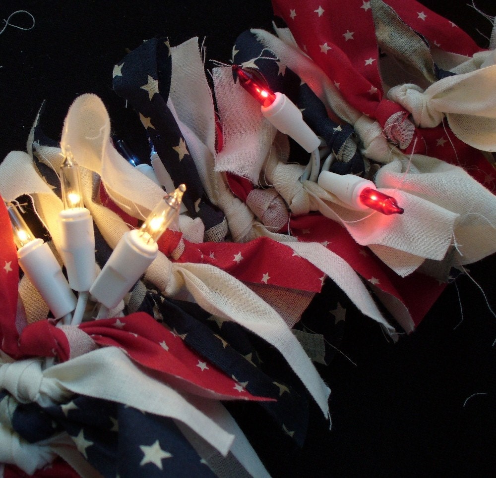 Patriotic Rag Swag Garland 9 feet long on String Mini Lights Primitive