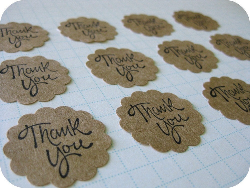 30 Round Scallop Edge Kraft Paper THANK YOU Stickers