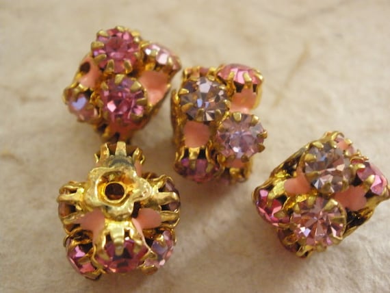 Vintage Beads (2) Earring Perfect Pink and Lavender Enamel and Crystal Super Rare Beads