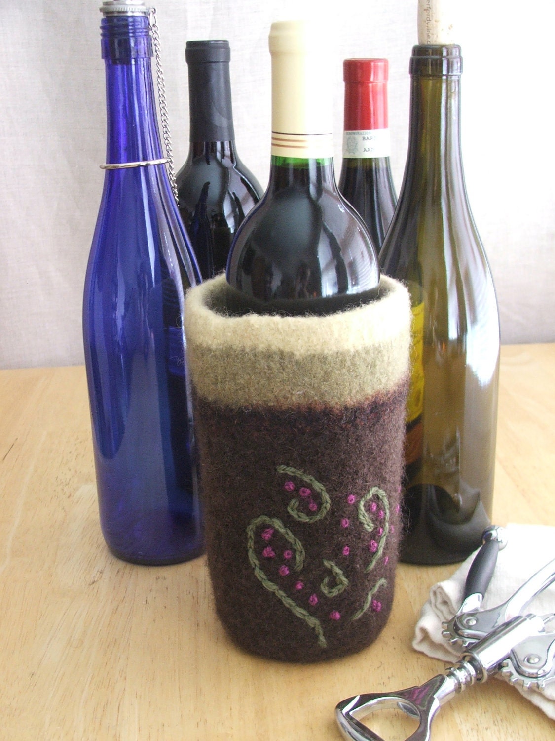 Handknit, Felted, Embroidered Wine Bottle Cozy