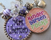 Personalized Teacher Gift, Grade Rocks, Polka Dot Name Silver Pendant Necklace - Apple Charm, Teacher Appreciation