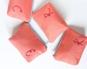 Monogrammed Cosmetic Bags, Bridesmaid Gift, Personalized Clutch,  Make Up Bag, Set of 4, Coral Aqua Grey
