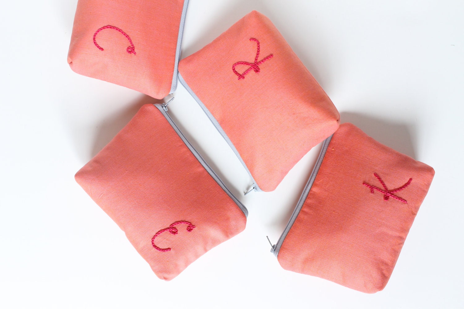 Monogrammed Cosmetic Bags, Bridesmaid Gift, Personalized Clutch,  Make Up Bag, Set of 4, Coral Aqua Grey