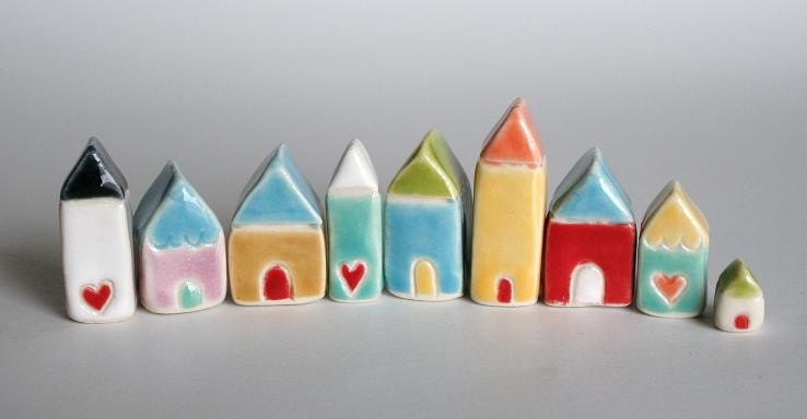 Little White Door Miniature Clay House -  aqua red