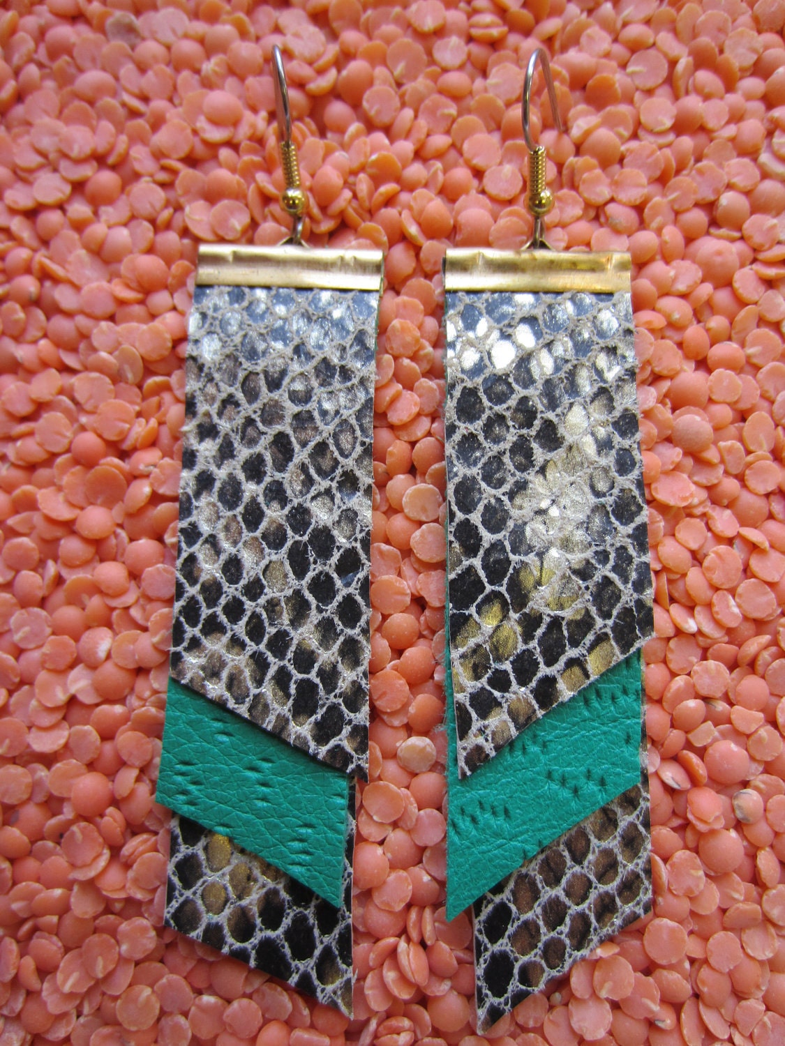Geometric Leather Earrings Gold Snakeskin and Green