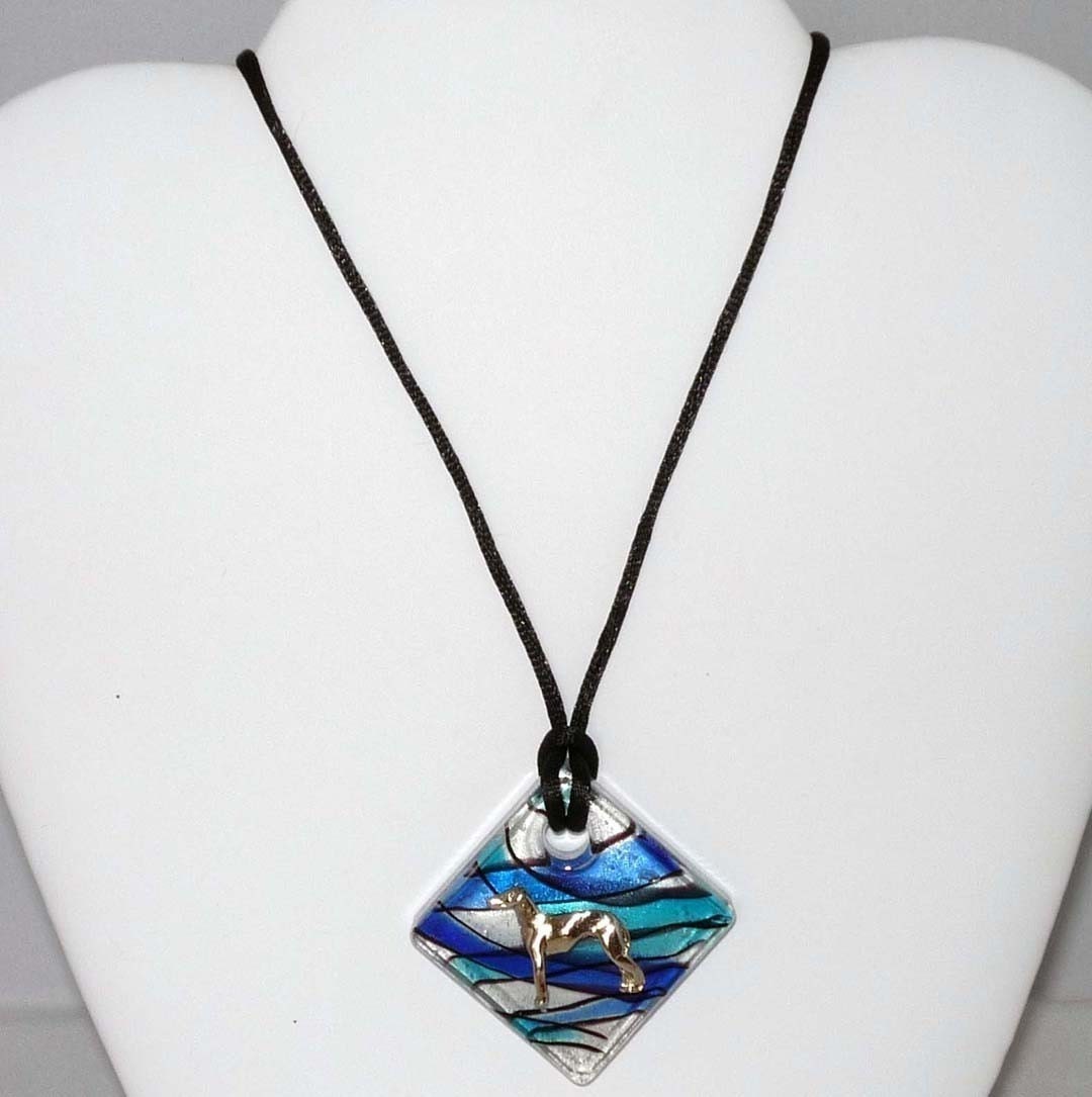 Silver Plated Greyhound or Whippet Dog on Artglass Pendant Necklace