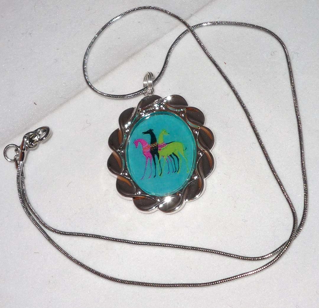 Altered Art 3 Greyhound or Whippet Dogs Pendant Necklace Turquoise and Silvr
