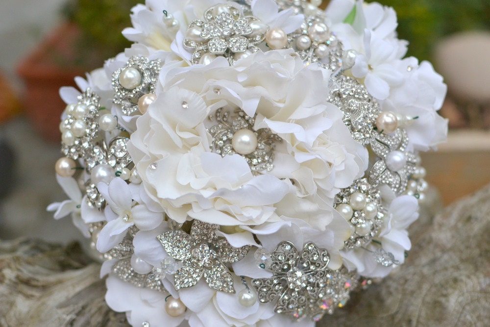 Peony rhinestone and pearl brooch wedding bridal bouquet -- deposit on a made to order brooch bouquet