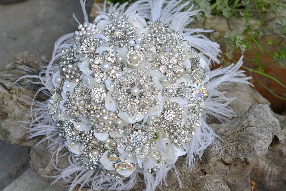 Deposit for an heirloom rich pearl brooch bouquet with ostrich feathers -- made-to-order bridal bouquet
