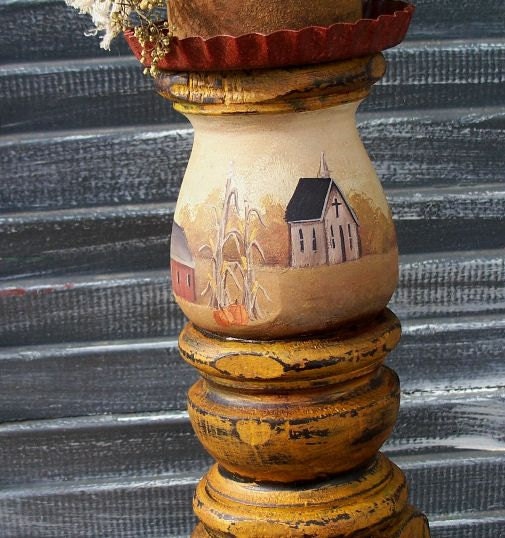 Lg Candle Holder Primiitve Folk Art  Saltbox Farm Home Decor PAFA OFG