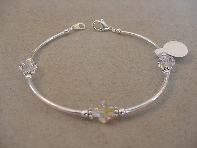 Swarovski Crystal Bracelet STERLING SILVER BANGLE Bracelet  -Choice of colors Bridal Jewelry Prom Jewelry - Sterling silver noodle tubes