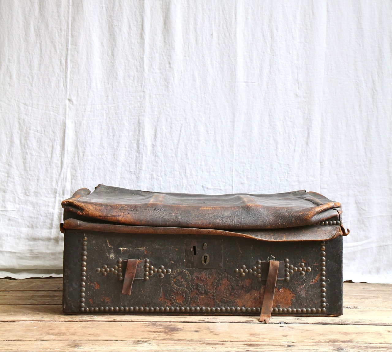 Antique Monogrammed Leather Stagecoach Trunk - 1800's