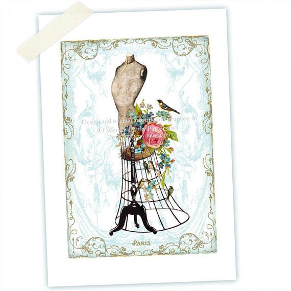 Mannequin, Art Print, Giclee, Dressform, Vintage Style, Pink Rose, Bustle, Birds Nest, French, forget me nots, collage