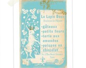 French Patisserie Menu, Art Print, Bunny Rabbit, Nursery Art Print, Giclee, Vintage Style, Silhouette, Aqua Blue