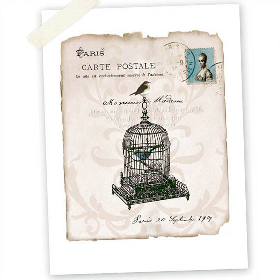 Bird Cage Art print, French, Vintage Birdcage, Giclee, Damask, Collage, Paris, French, Sepia