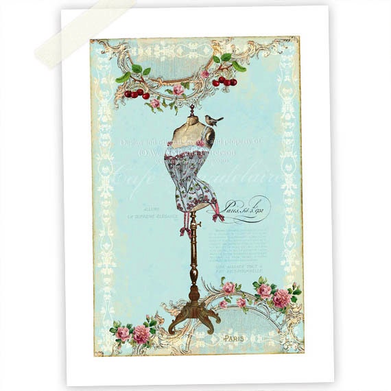 Mannequin Art Print, Giclee, Cherry, Roses, French Corset, Dress form, collage, blue