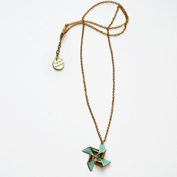 Pinwheel necklace - gold - mint - windmill necklace