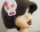 Mocha Newsboy Crochet Cap with Pink Hibiscus Sugar Skull