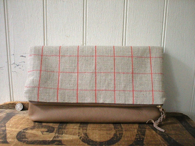 SALE French linen flax leather clutch iPad case, tangerine windowpane - eco vintage fabric