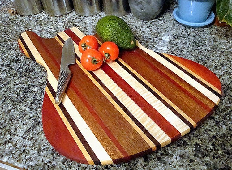Handmade Wood Jazzy Bass Guitar Cutting Board - Cherry, Bloodwood,  & Curly Maple