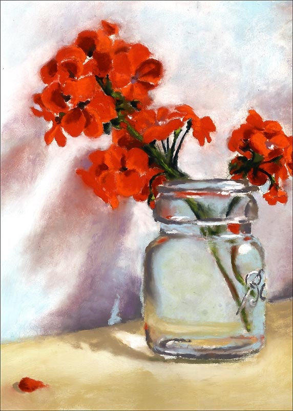 Red Geranium Print - Ball Mason Jar Art  - Alisa Wilcher