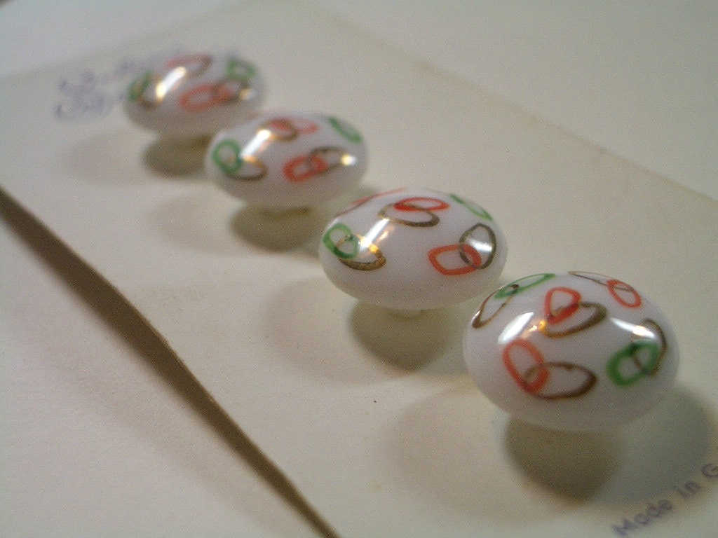 4 White Glass Ball Buttons with Modern Design -  Original Card