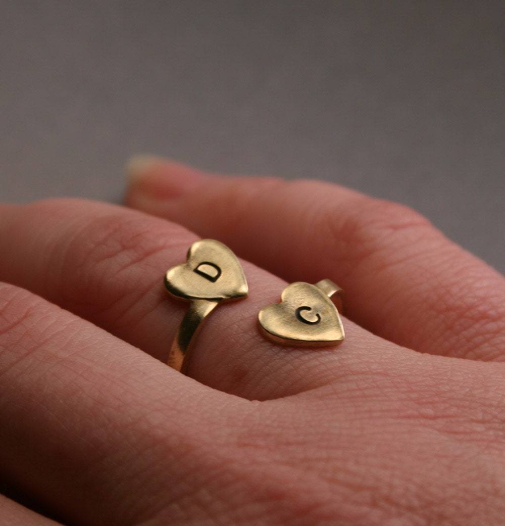 Personalized Brass Initial Ring - Two Heart Initial Ring, Custom, Personalized initials